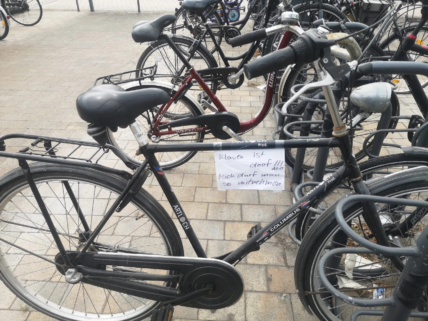 Artloch Prod. - Kunst - Dies ist ein Gazelle Medeo-Stadtfahrrad mit schwarzem Rahmen, das derzeit an einem Fahrradträger befestigt ist.